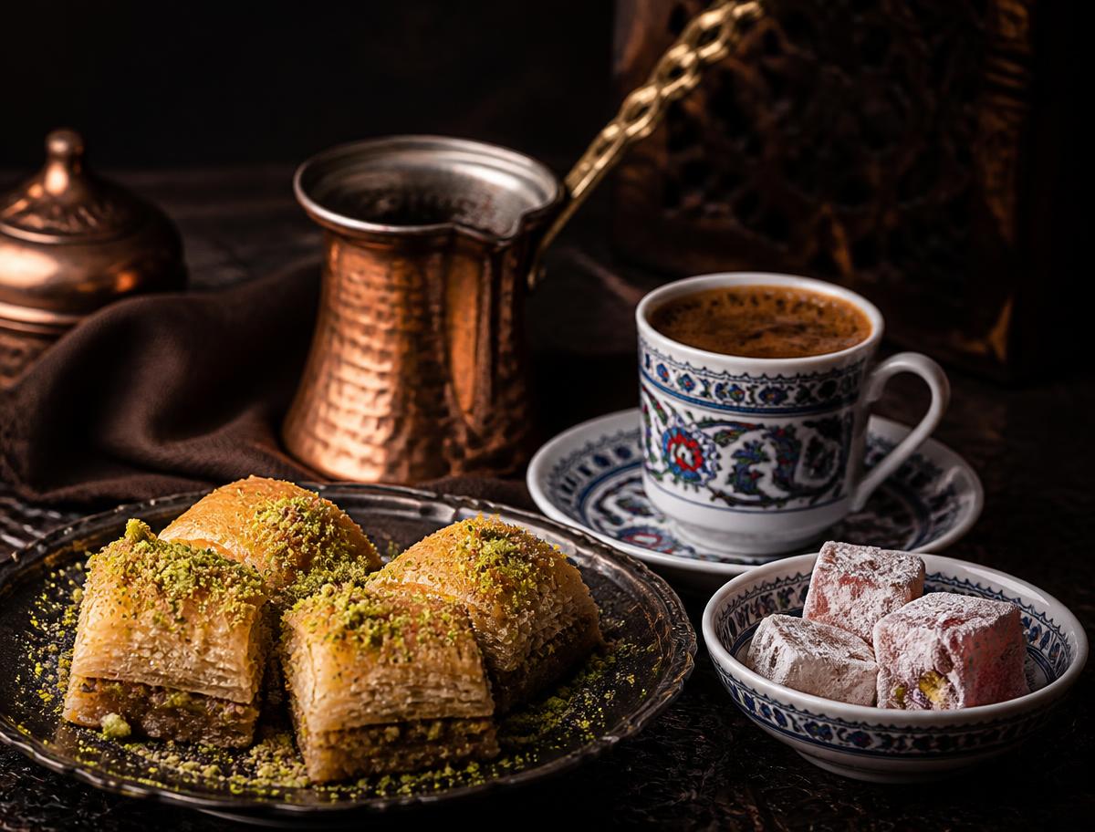 Turkish baklava with pistachio beside a copper cezve and çini coffee cup